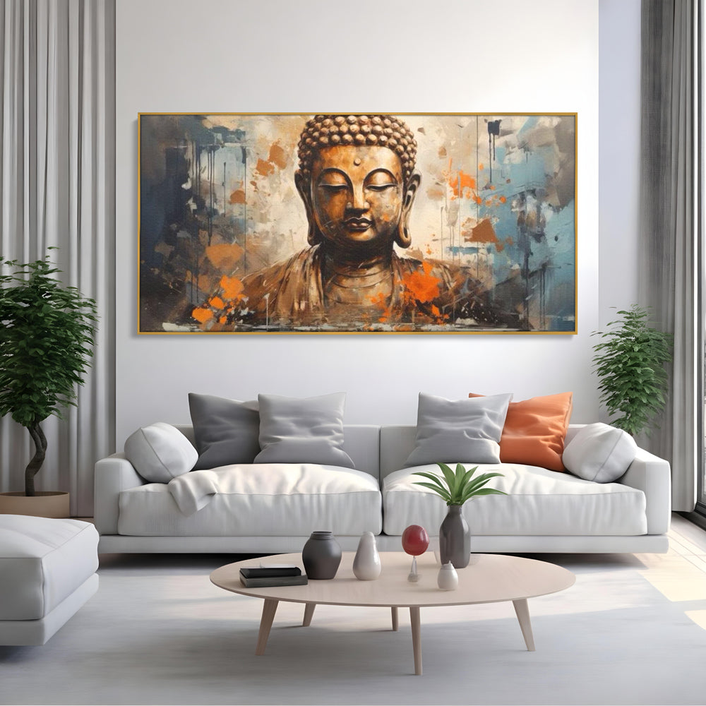 Tablou canvas cu tablou canvas cu bustul lui buddha, in rama de aluminiu auriu, pe perete intr-un living